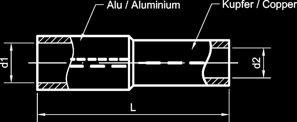 Al-Cu Preßverbinder 25-300 mm² für zugentlastete Verbindungen 1-10 kv Werkstoff: Al 99,5/E-Cu Oberfläche: blank Bimetallic compression lugs 25-300 mm² for non tension connections 1-10 kv Material: Al