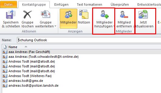 9 Outlook Schulung Andreas Todt Werden im nachhinein von einigen Kontakten die Daten geändert, so müssen diese dann über die Schaltfläche Jetzt aktualisieren in die Kontaktgruppe übernommen werden.