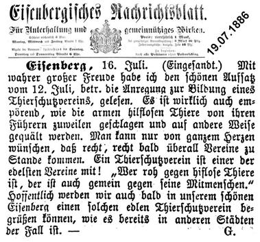 Chronik des Tierschutzvereines Eisenberg heute Tierschutzverein Saale Holzland Kreis Bereits im Jahr 1886 gab es