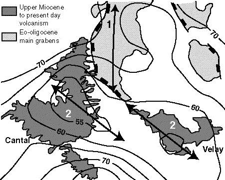 Zentralmassiv 03 Vulkanismus - 4 - Vulkanismus oberes Miozän bis heute Hauptgräben Eo- /Oligozän Orientierung der Krustenverdünnung im Eo-Oligozän im Norden des Zentralmassivs (1) und Orientierung