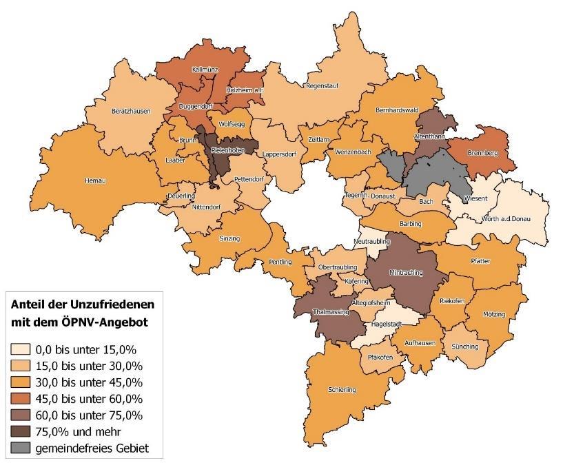 Abbildung 4 Unzufriedenheit mit Öffentlichem Nahverkehr in Prozent Quelle: Befragung Generation 55+ LK Regensburg (2016); Graphik: BASIS-Institut (2016) In der lokalen Bestandserhebung wurden die