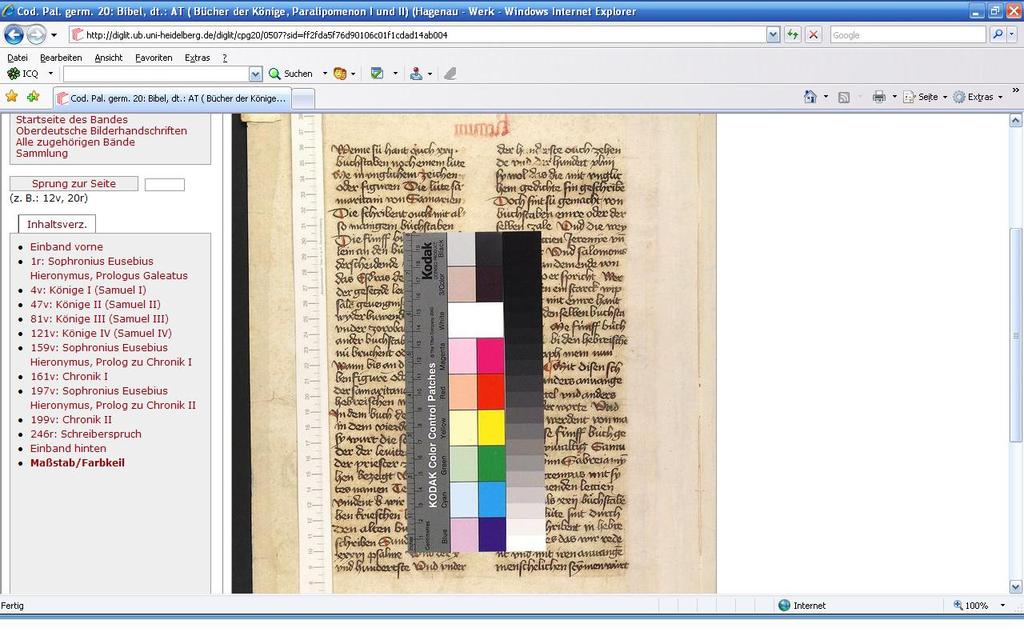 2 Universitätsbibliothek Heidelberg, Deutschland 24 Über das Inhaltsverzeichnis ist eine Seite mit Maßstab und Farbkeil zugänglich (Abb.8).