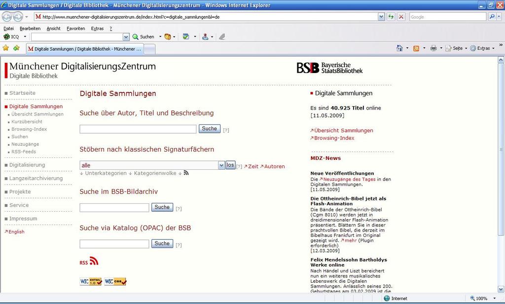 5 Bayerische Staatsbibliothek München, Deutschland 73 Da der Arbeitsbereich Digitalisierung zum MDZ gehört, wird man auf dessen Webauftritt geleitet.