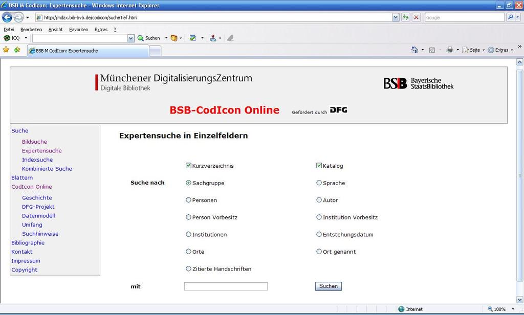 5 Bayerische Staatsbibliothek München, Deutschland 95 Abb. 70 Expertensuche in der CodIcon Online-Datenbank Neben einer Bildsuche stehen auch eine Expertensuche (Abb.
