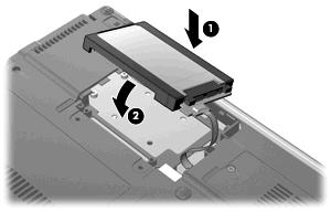 3. Drücken Sie die Festplatte nach unten, bis sie korrekt sitzt (2). 4. Setzen Sie die Festplattenhalterung wieder ein (1). 5. Bringen Sie die Schrauben der Festplattenhalterung wieder an (2). 6.