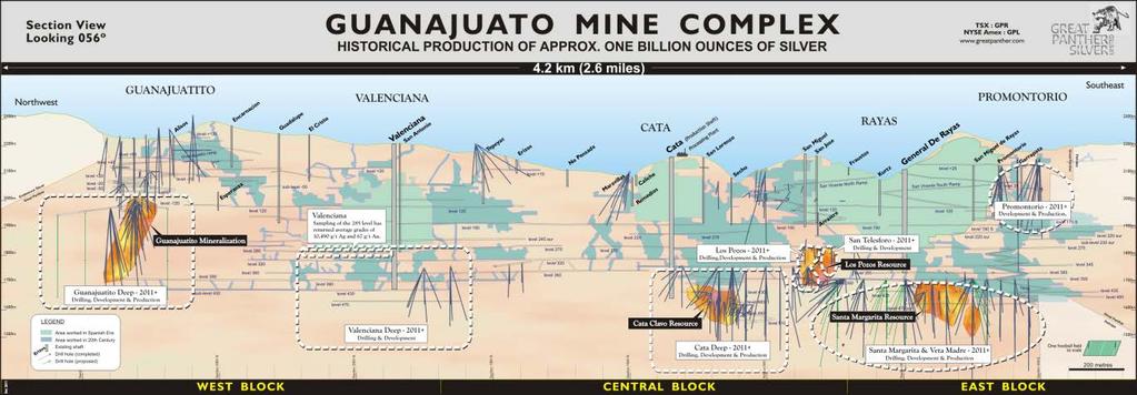 GUANAJUATO Ag-Au MINE Historische Untertage-Mine mit zwei Schächten und drei Rampen in Betrieb Derzeit Abbau & Entwicklung südöstlich des Cata Schachts und bei Guanajuatito im Nordwesten Beginn der