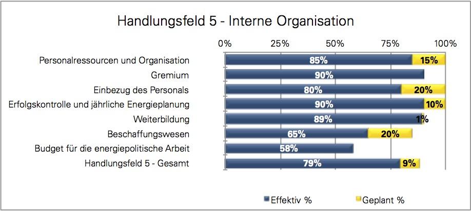 4.3.5 Handlungsfeld 5 Interne Organisation Im Handlungsfeld 5 Interne Organisation wurden insgesamt 79% (vorher 82%) im Bereich der umgesetzten und 9% (vorher 6%) im Bereich der geplanten Maßnahmen