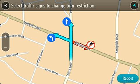 6. Wählen Sie Melden aus. Abbiegeverbot Wählen Sie diese Option aus, um falsche Abbiegeverbote auf Straßen zu melden. 1. Halten Sie die Position der Kartenaktualisierung in der Kartenansicht gedrückt.