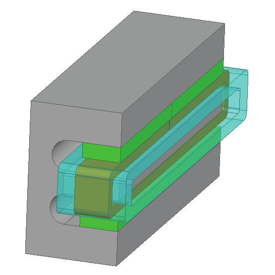 Homopolarer Lineardirektantrieb Motormodell mit Rückschluss, Magneten, Spule und Luftband. Dieses Modell ist geometrisch nicht sehr komplex aufgebaut.