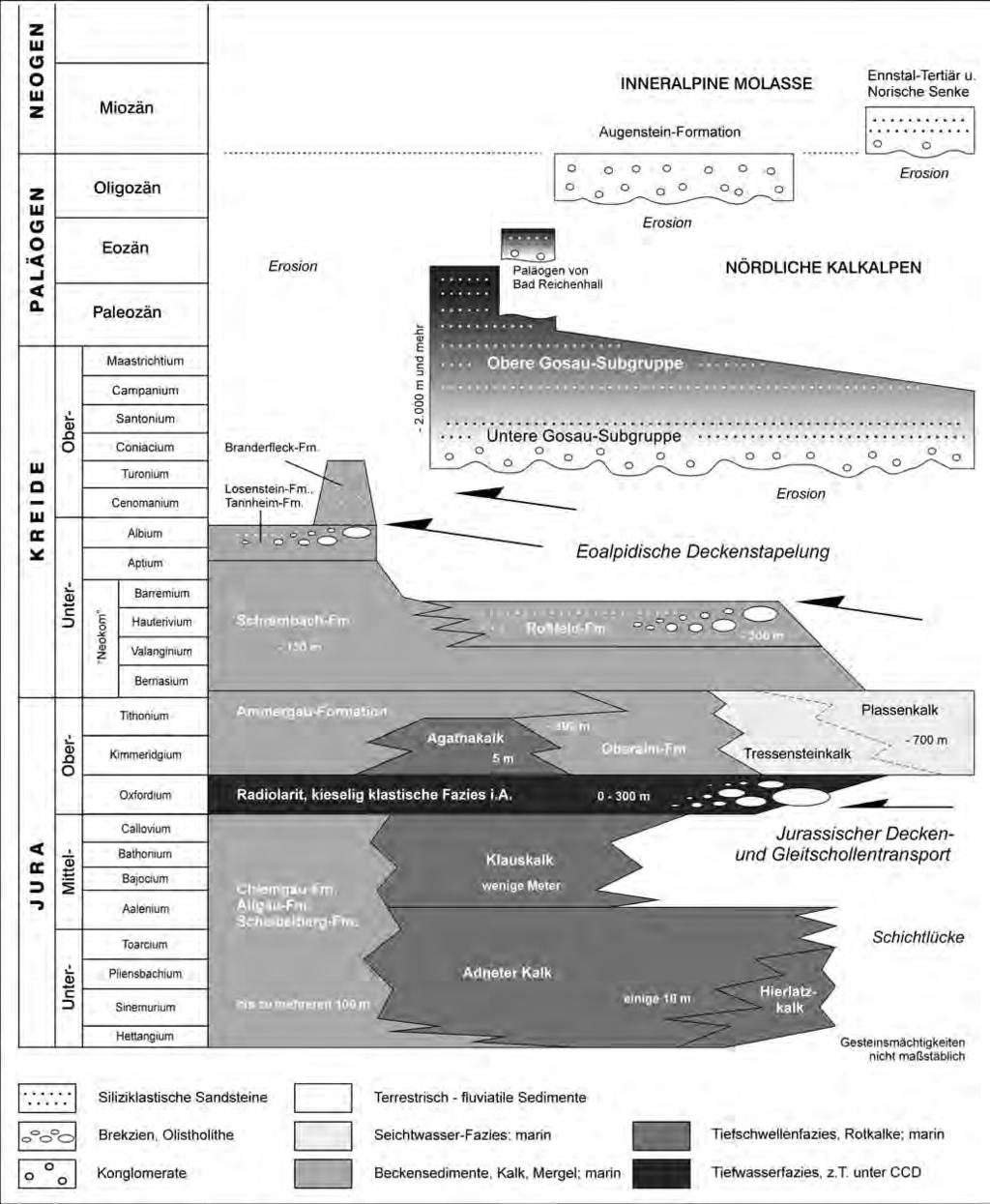 Abb. 8: Stratigraphie und seitliche Faziesübergänge der jurassischen, kretazischen und