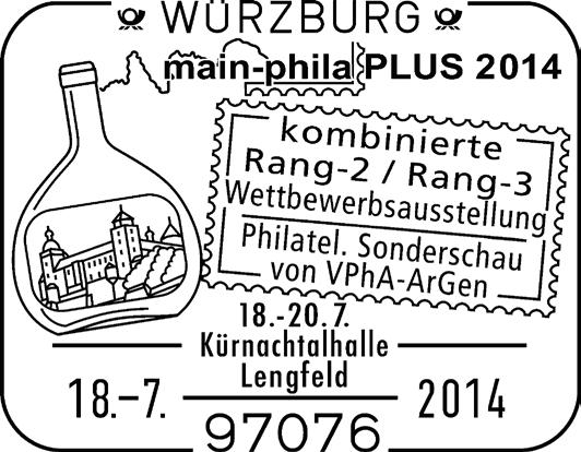 14, 58675 Hemer Rechteck main-phila PLUS 2014 / kombinierte / Rang-2 / Rang-3 / Wettbewerbsausstellung / Philatel. Sonderschau / von VPhA-ArGen / 18. - 20.7. / Kürnachtalhalle / Lengfeld Bocksbeutel mit Schloss Würzburg, Logo main-phila PLUS 2014 Das Erlebnis: Briefmarken - Team Nürnberg ist vor Ort und führt diesen Stempel mit.