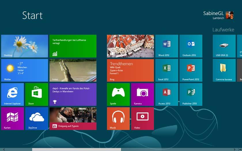 Access starten Wenn Sie auf der Startseite von Windows 8 nach rechts scrollen, werden die Kacheln für die installierten Office 2013-Anwendungen angezeigt.