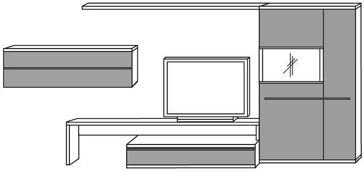 Einrichtungsvorschläge B: 357,5 cm H: 86 cm 9855 9855 (Wohnwand spiegelbildlich) (Korpus / Front) = (Absetzung) = x 7049 x 7080 x 707 x 7594 x 750 mit Großraumschubkasten mit TV-Bank für Highboard