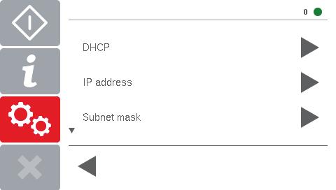 2. Über das Einstellungsmenü (Symbol Zahnräder ) können Sie Einstellungen am Gerät vornehmen. Für eine statische IP Adressenvergabe muss zunächst DHCP deaktiviert werden (s.u.). Durch die Auswahl des Menüpunktes IP address gelangen Sie zur Eingabemaske der statischen IP Adresse.