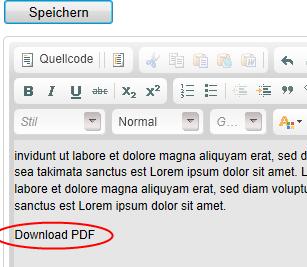 In diesem Beispiel ist das «Download PDF»: Danach muss der Text, welcher in einen Link umgewandelt werden soll, markiert werden.