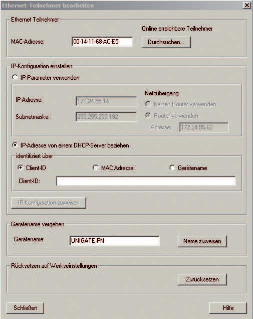 WCS-PNG210 Interfacemodul Gerätenamen ändern Hinweis! Während Sie den Gerätenamen ändern, darf die SPS nicht über Profinet mit dem Gerät kommunizieren.