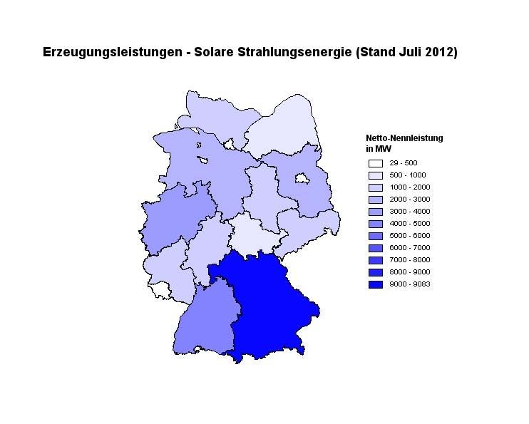 Die Erzeugungsleistungen auf Basis von Solarenergie in Höhe von bundesweit 30,5 GW sind schwerpunktmäßig in den südlichen Bundesländern Bayern (9,1 GW) und Baden- Württemberg (4,1 GW) zu