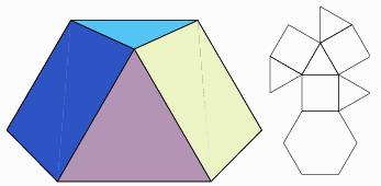 235702 a 3 Oberfläche A = a² ( 3 + 1) J 2 J 3 J 4 Fünfseitige regelmäßige Pyramide engl.: Pentagonal pyramid Für eine Kantenlänge a wird Seitenhöhe h s = 1/2 3 a 0.