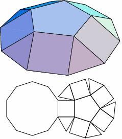 : Triangular cupola Koordinaten der unteren 6 Ecken (± 1/2 3, ±1/2, 0), (0,±1,0) Koordinaten der oberen 3 Ecken (1/ 3,0, (2/3)), -(1/(2 3),±1/2, (2/3)) Quadratische Kuppel engl.