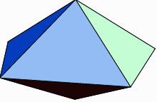 Trigonale Dipyramide - -Polyeder 12 P0 (-0.55849741; -0.56686294; -0.044733) P1 (0.72862903; -0.13437005; -0.29376593) P2 (-0.32886998; 0.40292992; -1) P3 (0.32886998; -0.40292992; 1) P4 (-0.