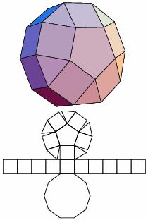 Coupole octogonale allongée Ecken: 20, Flächen: 18, Kanten: 36 Polyeder entspricht einem Rhombenkuboktaeder, dem eine quadratische Kuppel entfernt wurde Oberfläche A = a² (2 2 + 3 + 14) 18,5604 a²