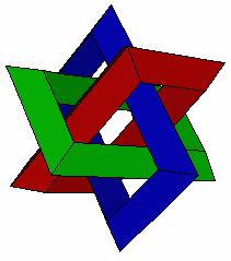 Dreiecksflächen: Q0(A2,B1,C0), Q1(A0,B2,C1), Q2(A1,B0,C2), R0(C0,A0,A2), R1(C1,A1,A0), R2(C2,A2,A1), T0(A0,A1,A2) Borromäische Ringe-Polyeder Das Polyeder hat 36 Ecken, 36 Flächen und 72 Kanten.