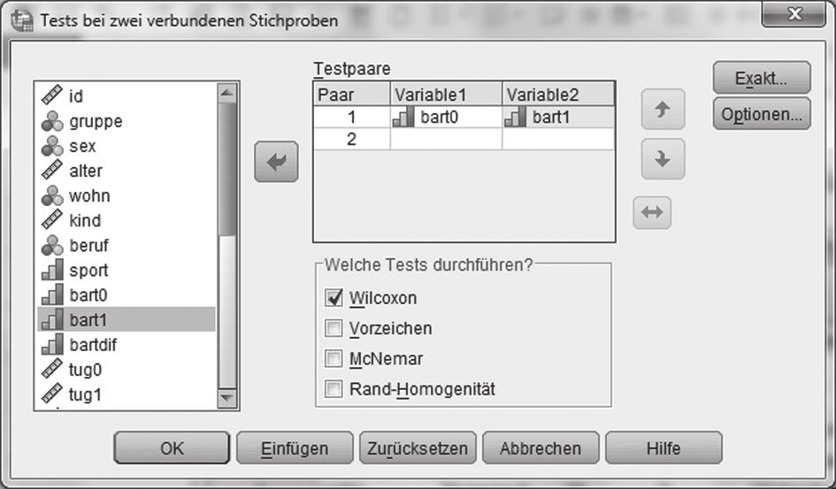 Schäfer A & Schöttker-Königer T, Statistik und quantitative Methoden für (2015) Arbeitsblatt 1 SPSS Kapitel 6 Seite 6 Das Häkchen sollte bei»wilcoxon«sein.