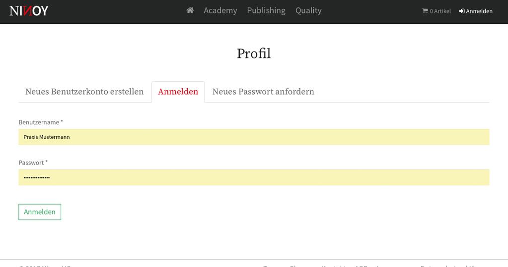 Anmeldung mit bestehendem Profil Schritt 1 https://ninoy.de/user Sie können sich jetzt immer über den Link https://ninoy.de/user anmelden, oder Sie klicken auf der NINOY Seite auf den Button Anmelden.