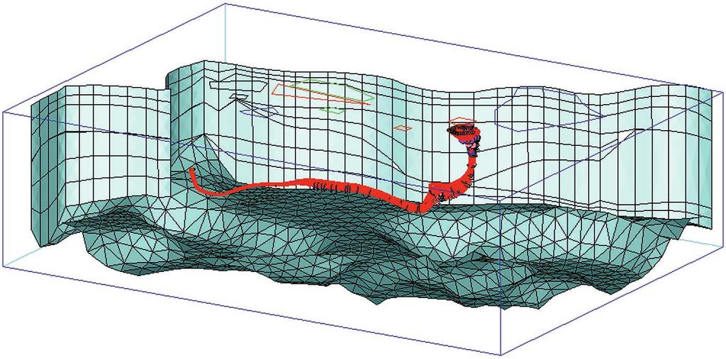 Abb. 49: Bildschirmdarstellung von gerechneten Bahnlinien im dreidimensionalen Strömungsfeld Die Bahnlinien beschreiben den Grundwasserabstrom von einer Deponie bei einem berechneten Entnahmeszenario.