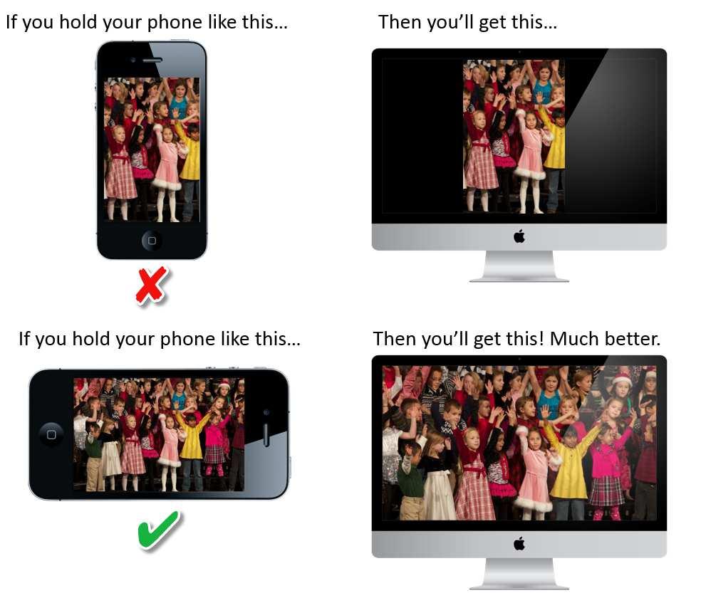 Tipps für das Aufnehmen von Videos mit dem Smartphone 1. Horizontal statt vertikal Bitte immer das Gerät horizontal, also waagerecht halten.