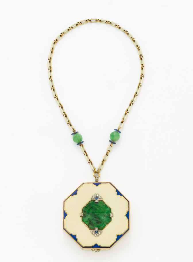 Historischer Schmuck, Juwelen & Uhren 88 CARTIER Jade-Email-Puderdose. Cartier New York, um 1925. 750/- Gelbgold, Platin, blau und weißer Emaillack, Gewicht: 58,5g. Ø ca. 4,2cm.
