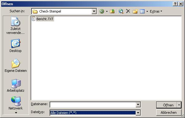 Nun muss die zuvor exportierte Textdatei mit den Check-Stempeln angegeben werden. Der Dateityp muss auf Alle Dateien (*.