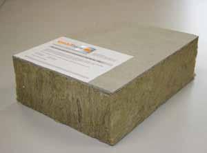Mineralwolle Kellerdeckendämmelement WLG 040 Typ Silipor Steinwolle WLG 040 (A1), darauf eine 3 mm dicke grau pigmentierte zementierte Zementfaser-Bauplatte (A2) mit glatter Kante.