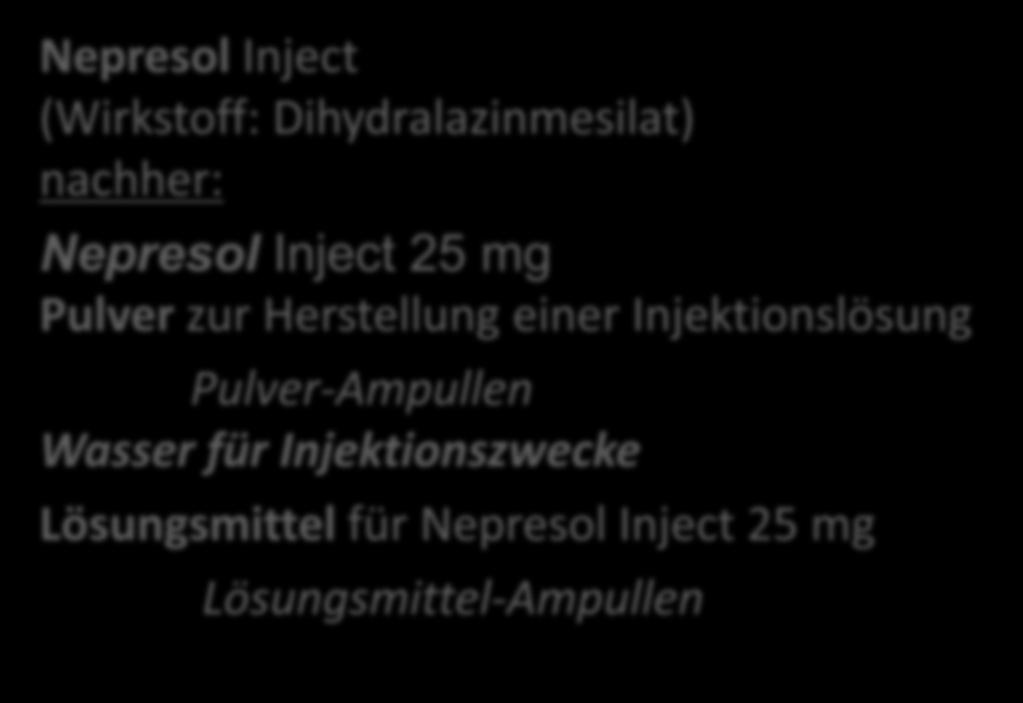 Fall (2) Verwechslungsgefahr Nepresol Inject (Wirkstoff: Dihydralazinmesilat) nachher: Nepresol Inject 25 mg Pulver zur Herstellung