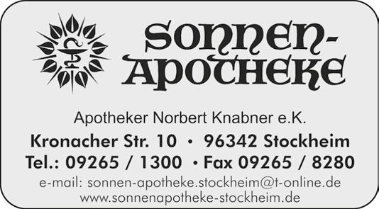 Apotheken Dienstbereitschaft im Landkreis Kronach A Bären-Apotheke, Kronach, Tel. 09261 4424 September 2015 Markt-Apotheke, Ludwigsstadt, Tel. 09263 9536 B Sonnen-Apotheke, Stockheim, Tel.