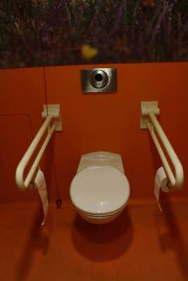 Der Haltegriff links vom WC ist nicht hochklappbar. Es sind Haltegriffe rechtsseitig am WC vorhanden. Höhe des rechten Haltegriffes: 84 cm. Länge des rechten Haltegriffes: 84 cm.
