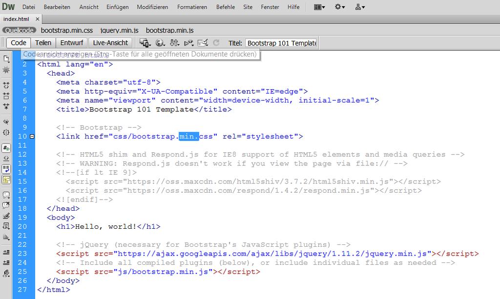 Speichere die Site und starte diese im Browser: Um das Arbeiten in der CSS-Datei zu vereinfachen, ändere die minimale Version in die leichter