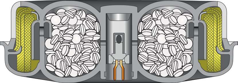 Airbag-Gasgeneratoren Festtreibstoffgeneratoren Die Festtreibstoffgeneratoren bestehen aus einem Gehäuse, in dem ein Festtreibstoffsatz mit Zündeinheit integriert ist.