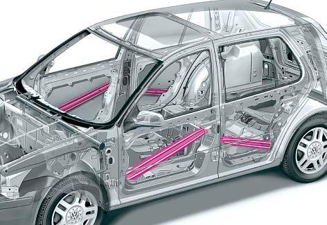 : Beispiel für rohrverstärkte Schweller S297_010 Seitenaufprallschutz Der Seitenaufprallschutz besteht bei den Fahrzeugen des Volkswagen Konzerns aus Stahlrohren bzw. Stahlprofilen.