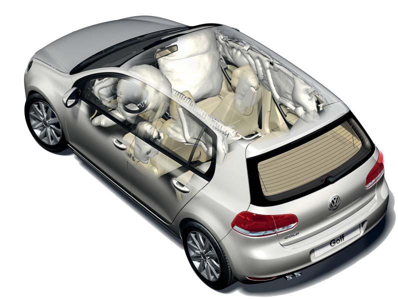 SICHERHEITSSYSTEME Airbag Ein aktuelles und maximal ausgestattetes Fahrzeug (am Beispiel des Golf VI) umfasst die Hauptkomponenten Airbags, Gasgeneratoren, Airbagsteuergerät, Sensoren, Gurtstraffer
