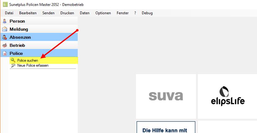 Police erfassen und konfigurieren Erfassen Sie zuerst die Police in Sunetplus. Um die KAV Police zu konfigurieren, wählen Sie in der Navigation die Komponente Wählen Sie.