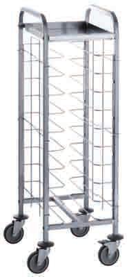Tablettwagen Trolleys for trays 515 x 610 x 1460 mm, for 10x trays, welded 25 mm CNS 18/10 square-section frame with tray support structure made of chromium-plated zinc steele wire, top with raised
