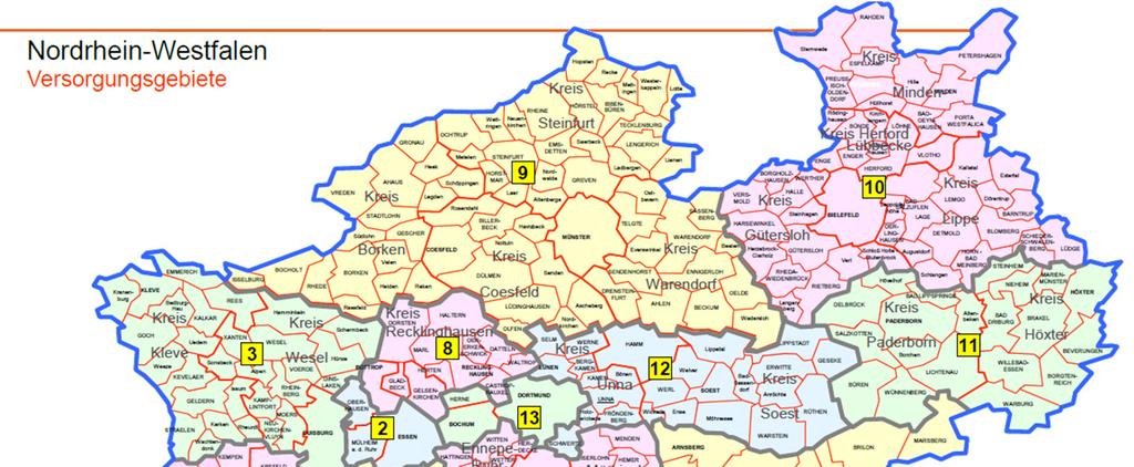 NRW Zwei Landesteile, fünf Regierungsbezirke, 16 Versorgungsgebiete Münster Detmold 2