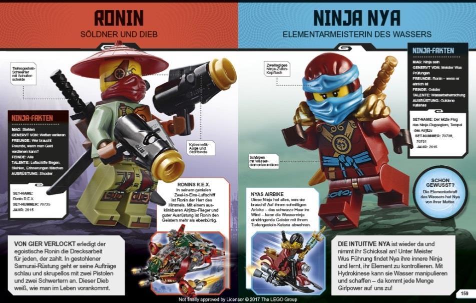 Jeder Charakter wird auf einer ganzen Seite vorgestellt, wodurch die Leser alles Wissenswerte über die Ninja, ihre Drachen, aber auch ihre Widersacher, wie die Schlangen,