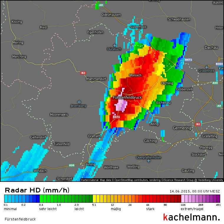 Abb. 5: 5-minütige Radarauswertung über dem Landkreis FFB. Quelle: kachelmannwetter.