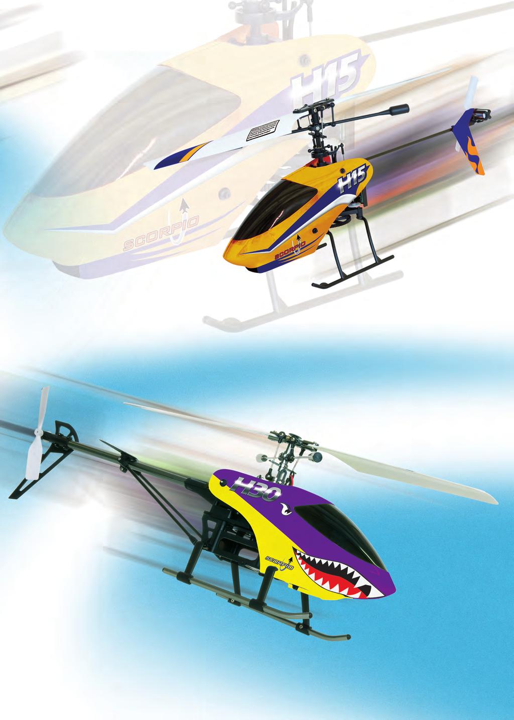 H15/H30 einrotorige Helikopter Single Rotor Helikopter für drinnen und draußen Die einrotorigen Hubschrauber H15 und H30 von Scorpio sind professionelle Einstiegsmöglichkeiten für alle, die aktiver