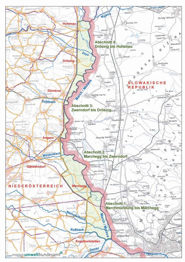 Handlungsbedarf an der March 305 Untersuchungsgebiet Das Untersuchungsgebiet erstreckt sich über 69 km vom Mündungsbereich der March in die Donau bis zum Mündungsbereich der Thaya in die March (Abb.