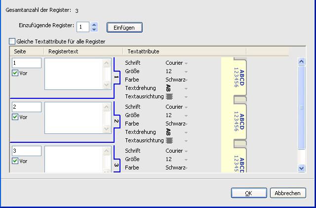 COMMAND WORKSTATION 29 6 Geben Sie in das Feld Einzufügende Register die Anzahl der für das Auftragsdokument benötigten Registerseiten ein und klicken Sie auf Einfügen, um die Attribute für die