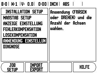 II 1 Installation Setup Parameter des Menüs INSTALLATION SETUP Das Menü INSTALLATION SETUP rufen Sie auf, indem Sie den Softkey SETUP und dann den Softkey INSTALLATION SETUP drücken. Siehe Abb. II.1. Die Parameter des Menüs INSTALLATION SETUP werden während der Erstinstallation definiert und müssen normalerweise nicht oft geändert werden.