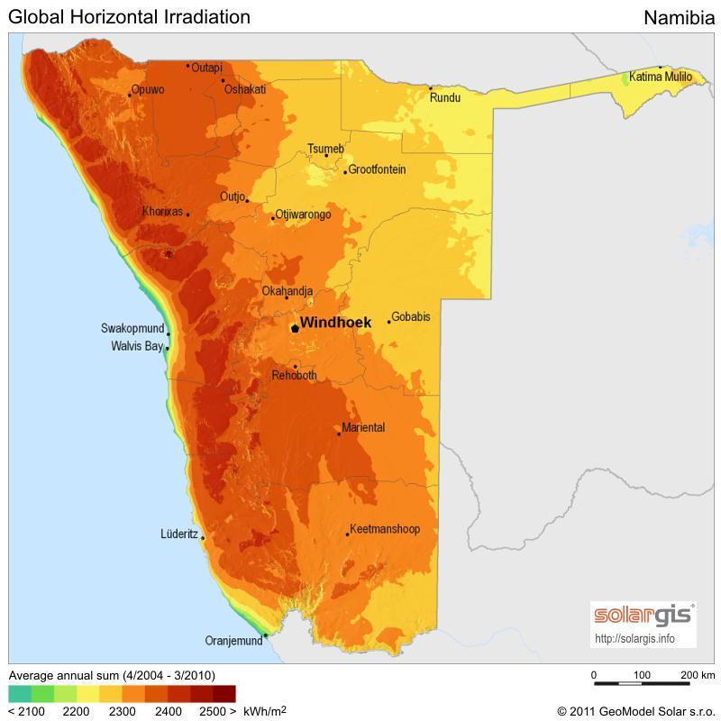 Photovoltaik in Namibia Sehr hohe Einstrahlungswerte, vor allem im Nordwesten und Westen Netzparität Landesweit ca.